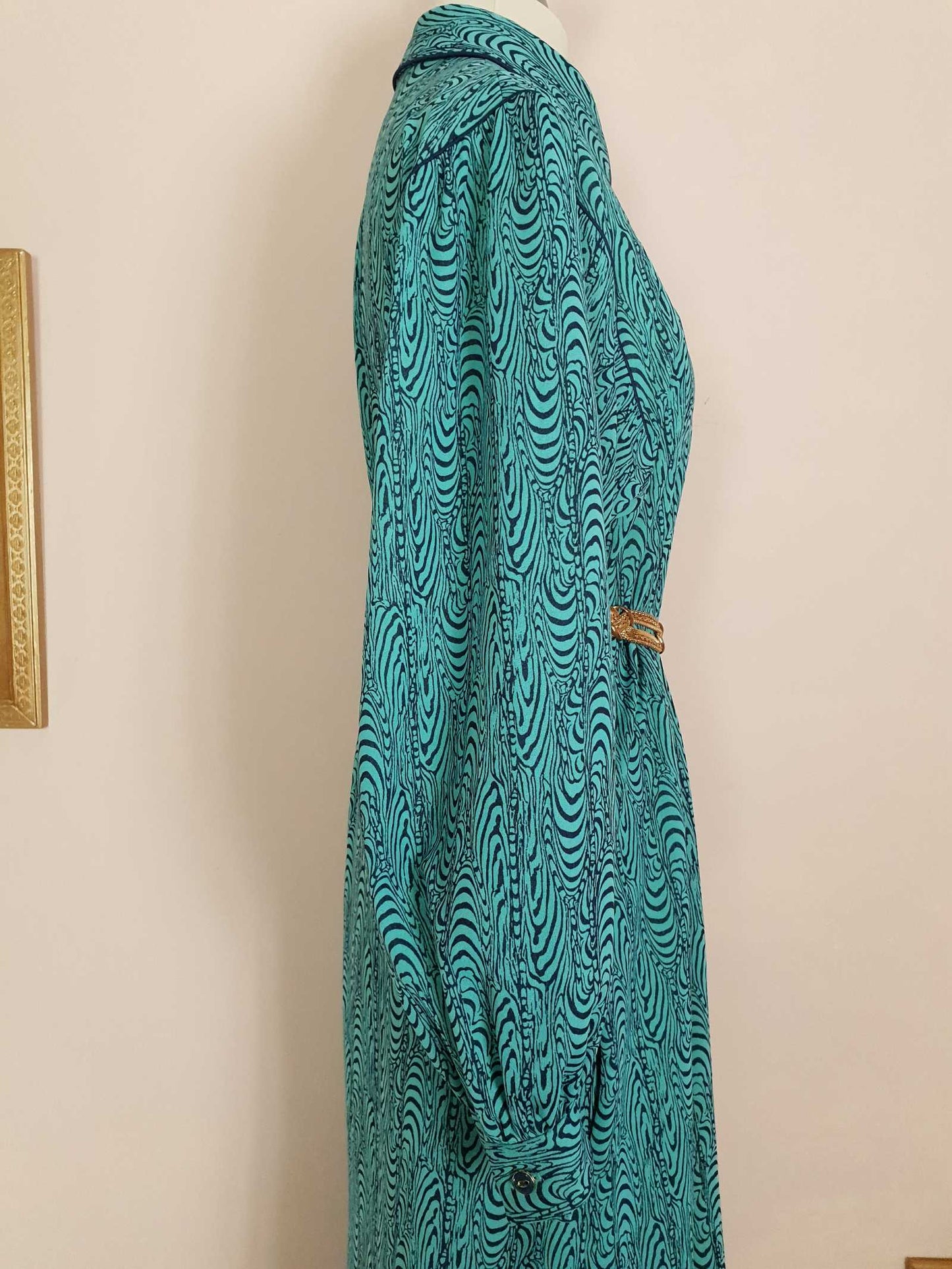 Vintage 1970s Turquoise Dress Retro Navy Blue Pattern Midi - Size 14