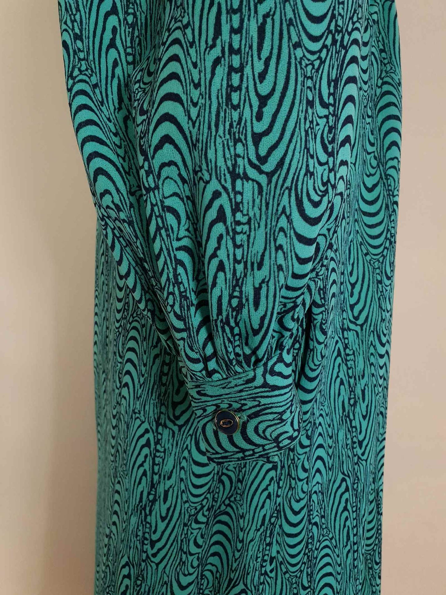 Vintage 1970s Turquoise Dress Retro Navy Blue Pattern Midi - Size 14