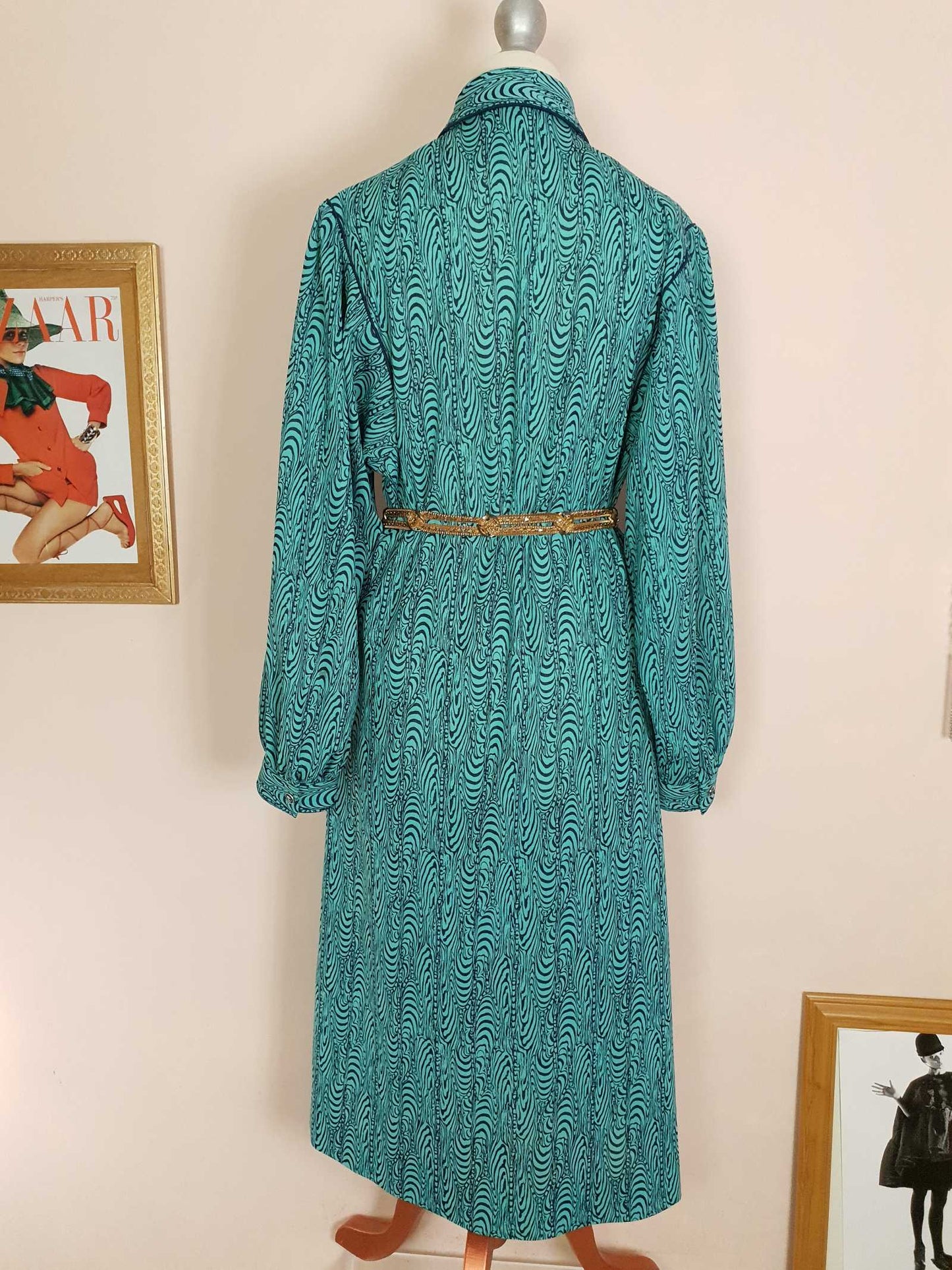 Vintage 1970s Turquoise Dress Retro Navy Blue Pattern Midi - Size 14