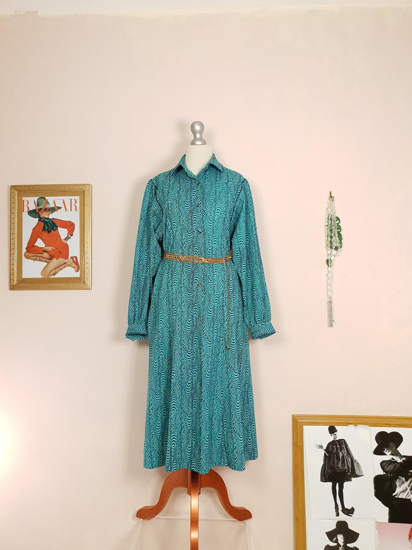 Vintage 1970s Turquoise Dress Retro Navy Blue Pattern Midi - Size 14