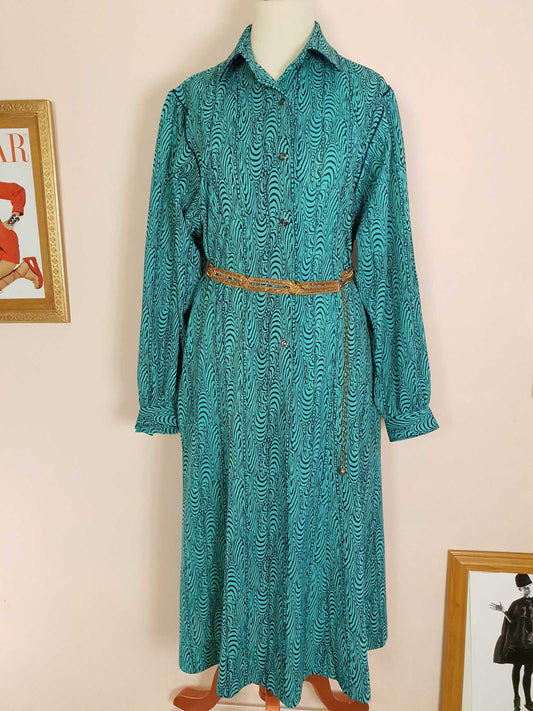 Vintage 1970s Turquoise Dress Retro Navy Blue Pattern Midi - Size 14