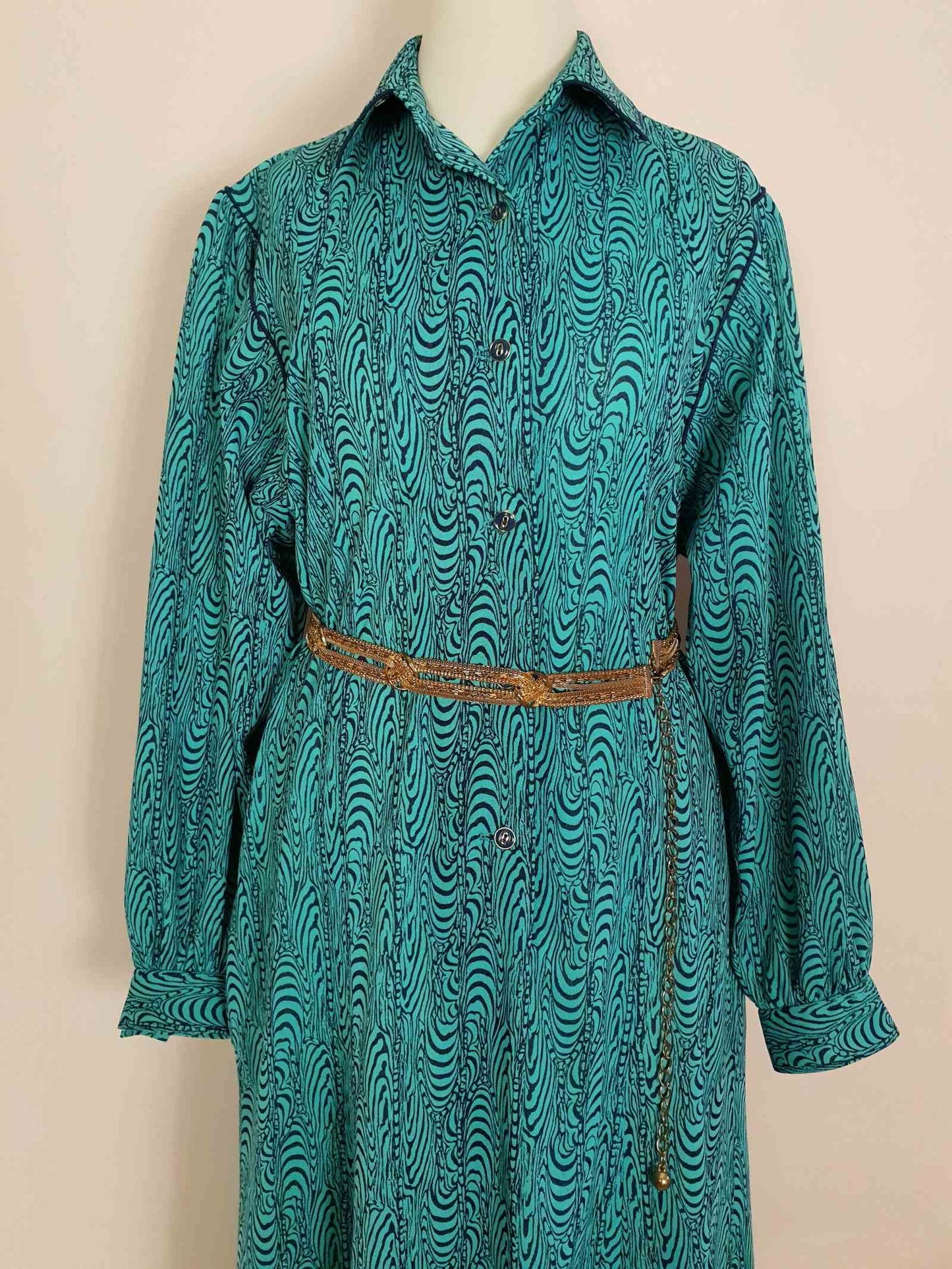 Vintage 1970s Turquoise Dress Retro Navy Blue Pattern Midi - Size 14