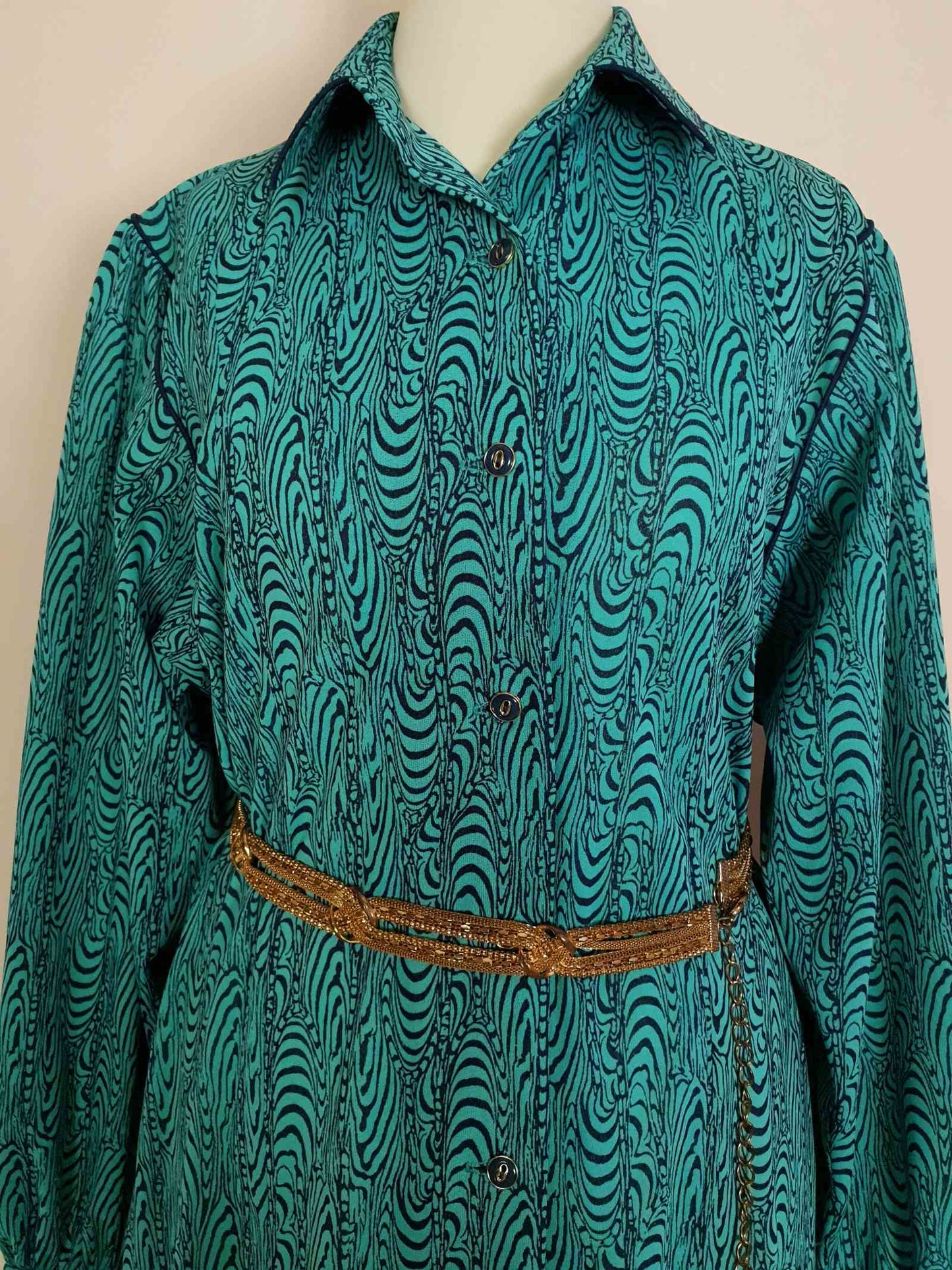 Vintage 1970s Turquoise Dress Retro Navy Blue Pattern Midi - Size 14