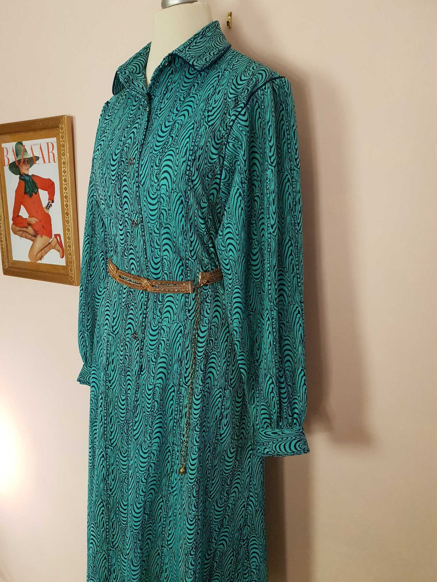 Vintage 1970s Turquoise Dress Retro Navy Blue Pattern Midi - Size 14
