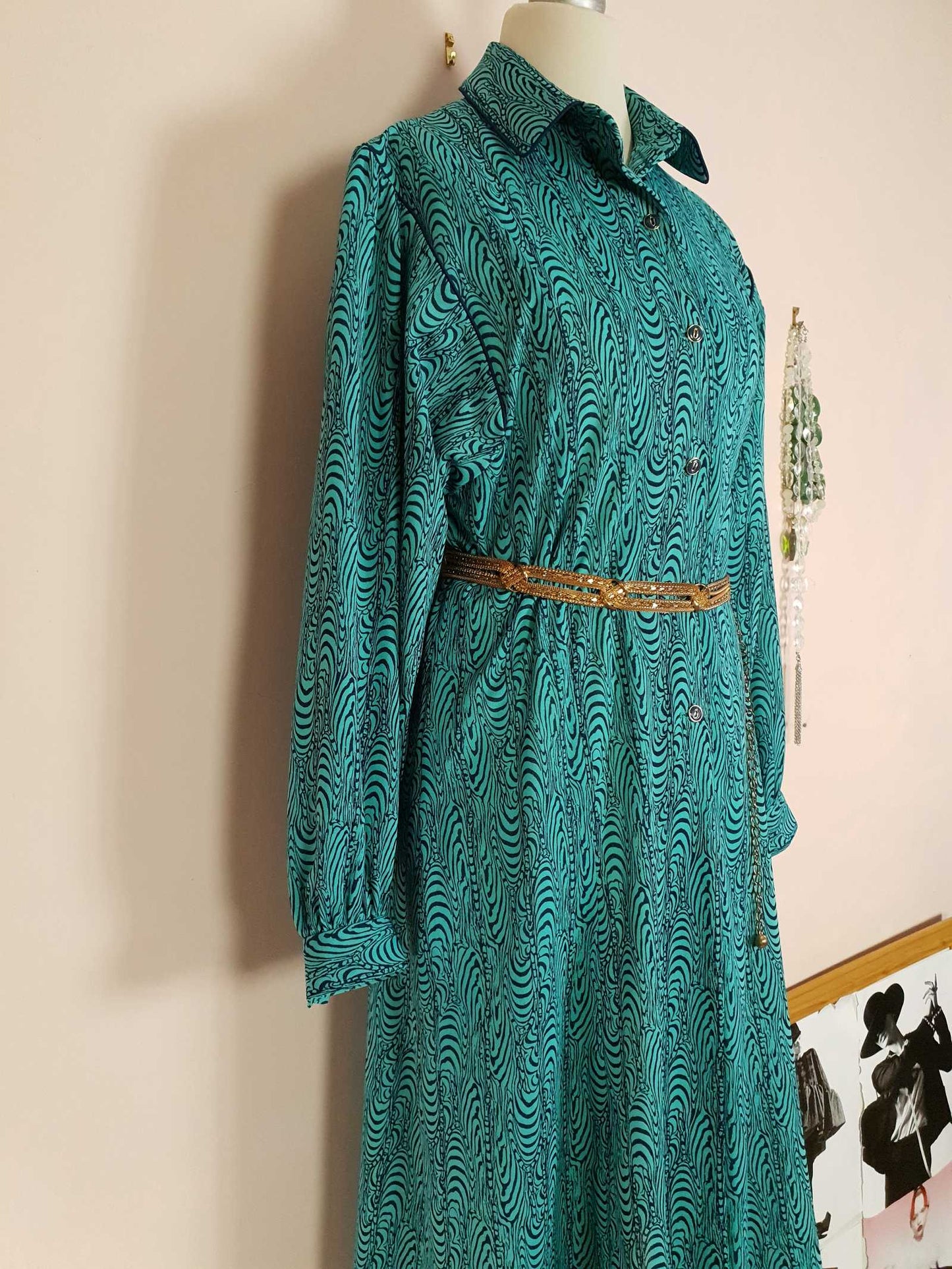 Vintage 1970s Turquoise Dress Retro Navy Blue Pattern Midi - Size 14