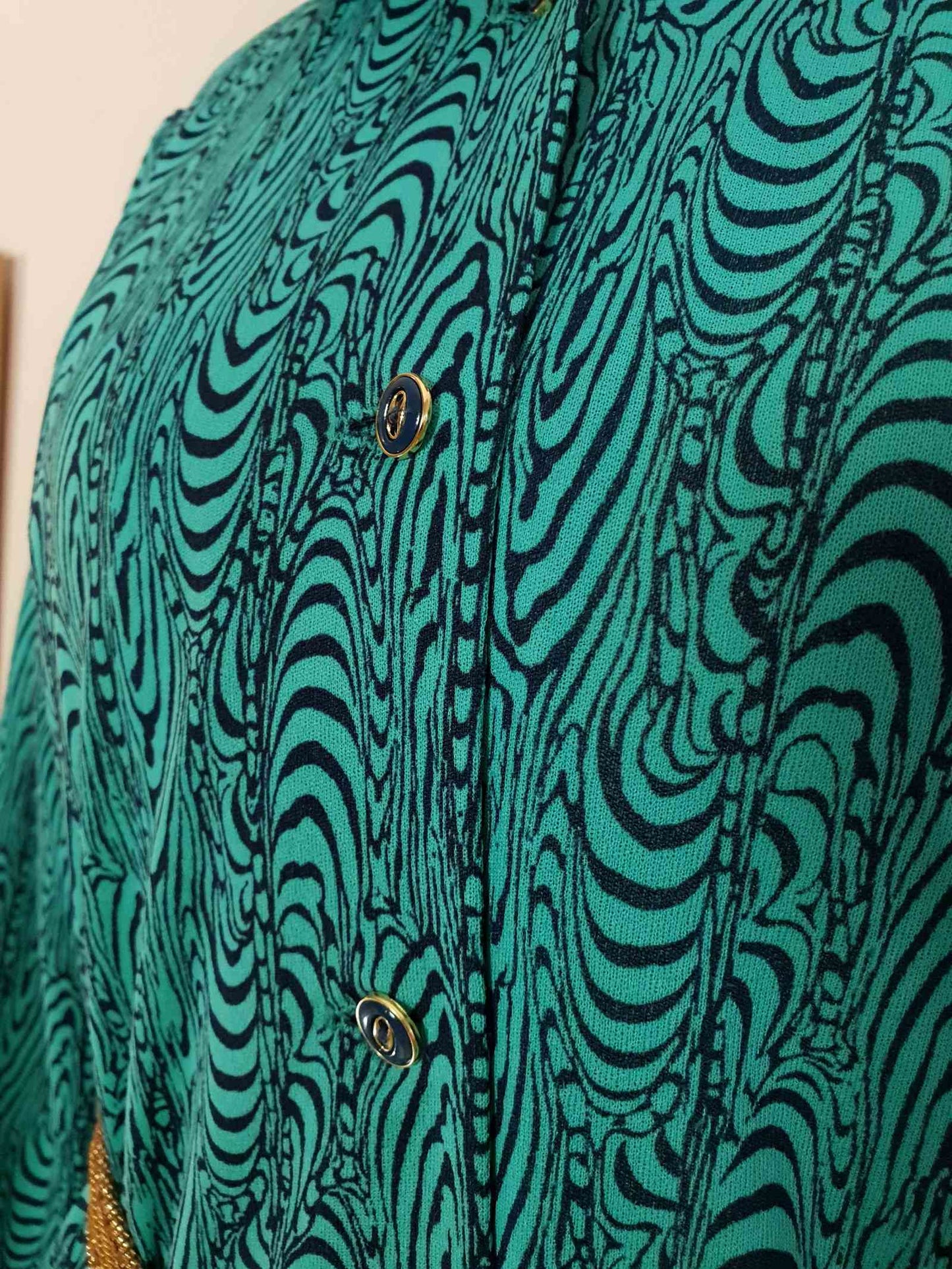 Vintage 1970s Turquoise Dress Retro Navy Blue Pattern Midi - Size 14