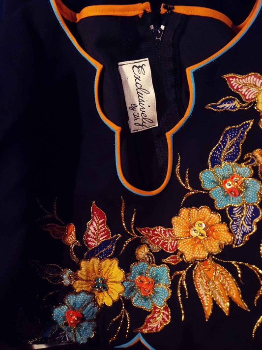 Vintage 1980s Floral Midi Dress Flower Applique Navy Blue Size 8 / 10