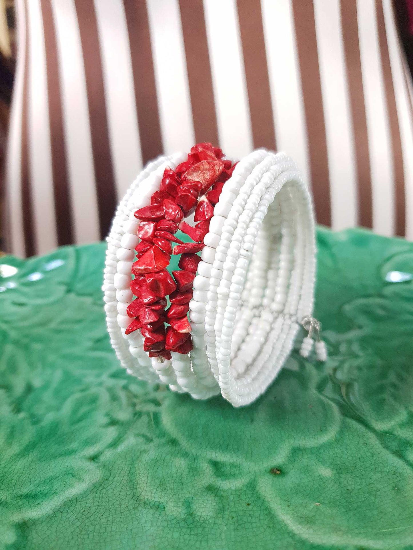 Vintage 1980s White Red Ceramic Cuff Bracelet Bangle Boho Bohemian