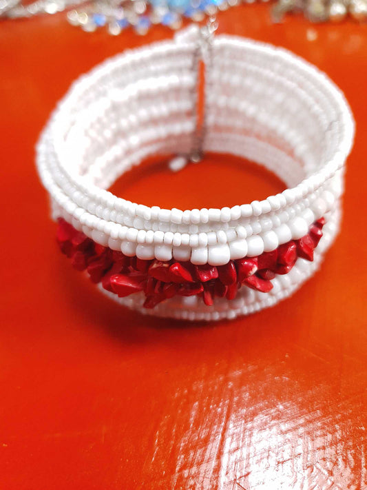 Vintage 1980s White Red Ceramic Cuff Bracelet Bangle Boho Bohemian
