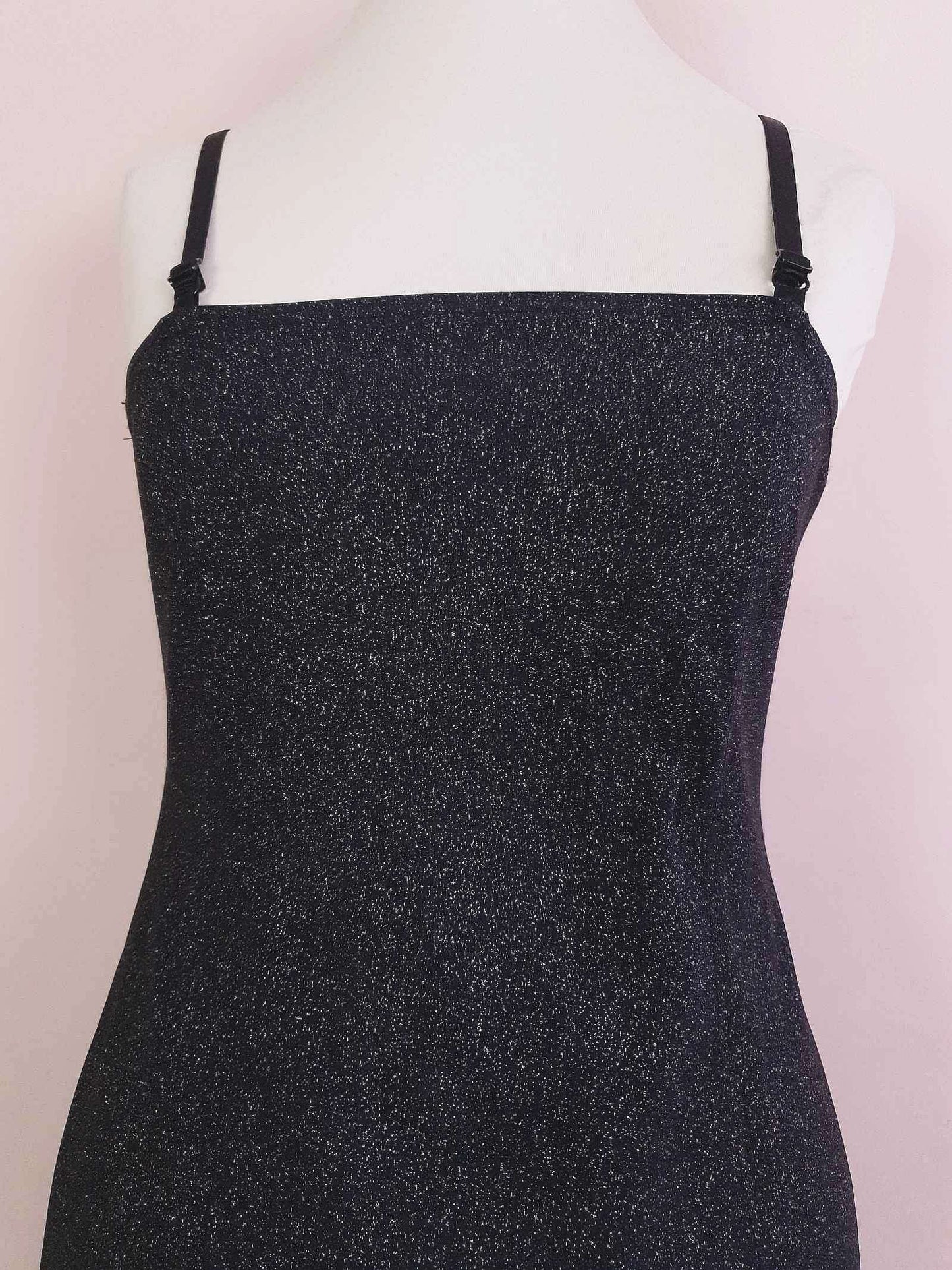 Vintage 1980s Black Glitter Mini Dress Cocktail Party Evening LBD - Size 10 / 12