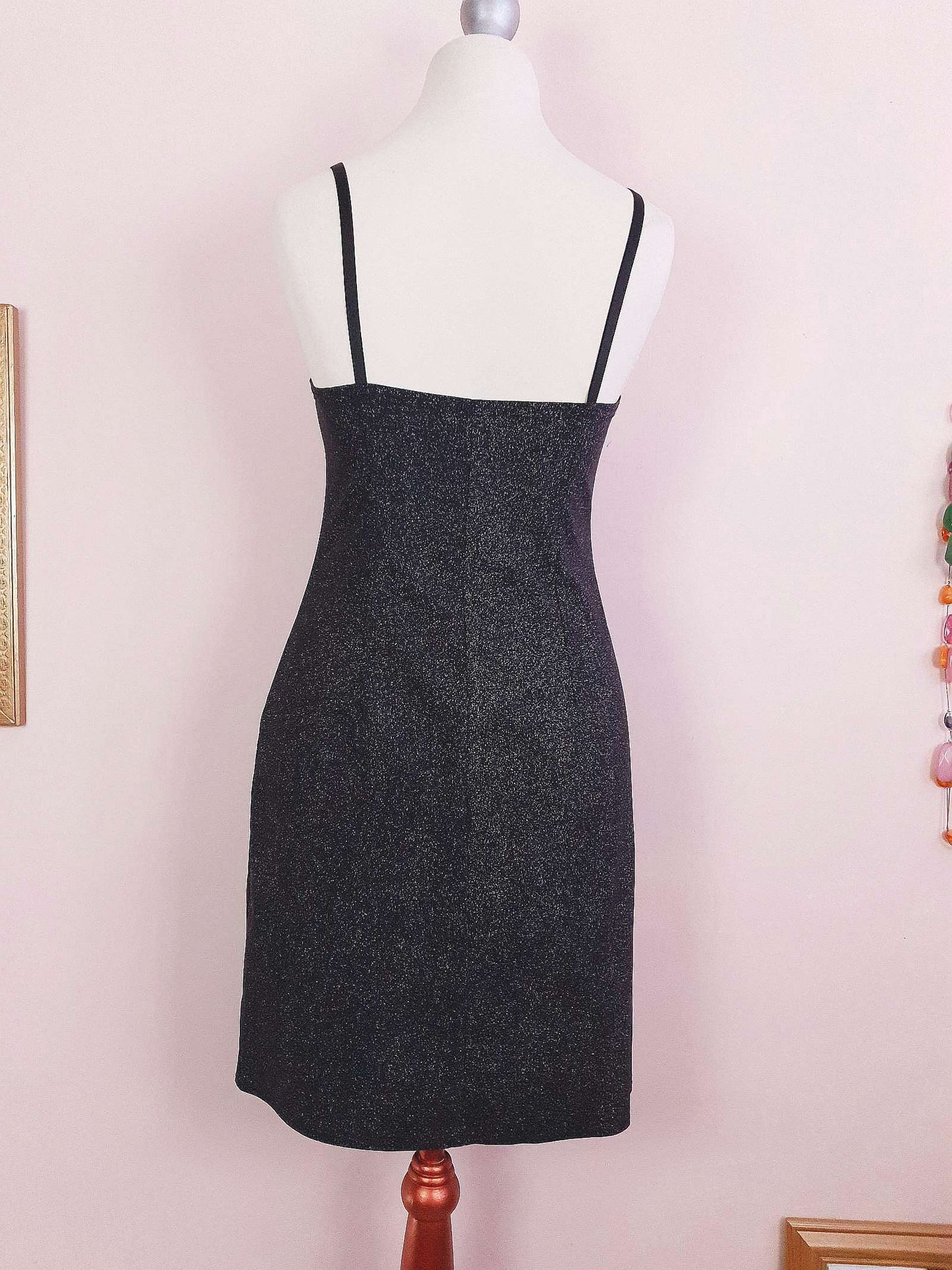 Vintage 1980s Black Glitter Mini Dress Cocktail Party Evening LBD - Size 10 / 12