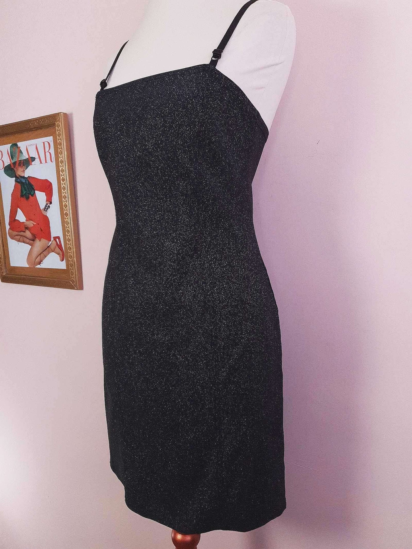 Vintage 1980s Black Glitter Mini Dress Cocktail Party Evening LBD - Size 10 / 12
