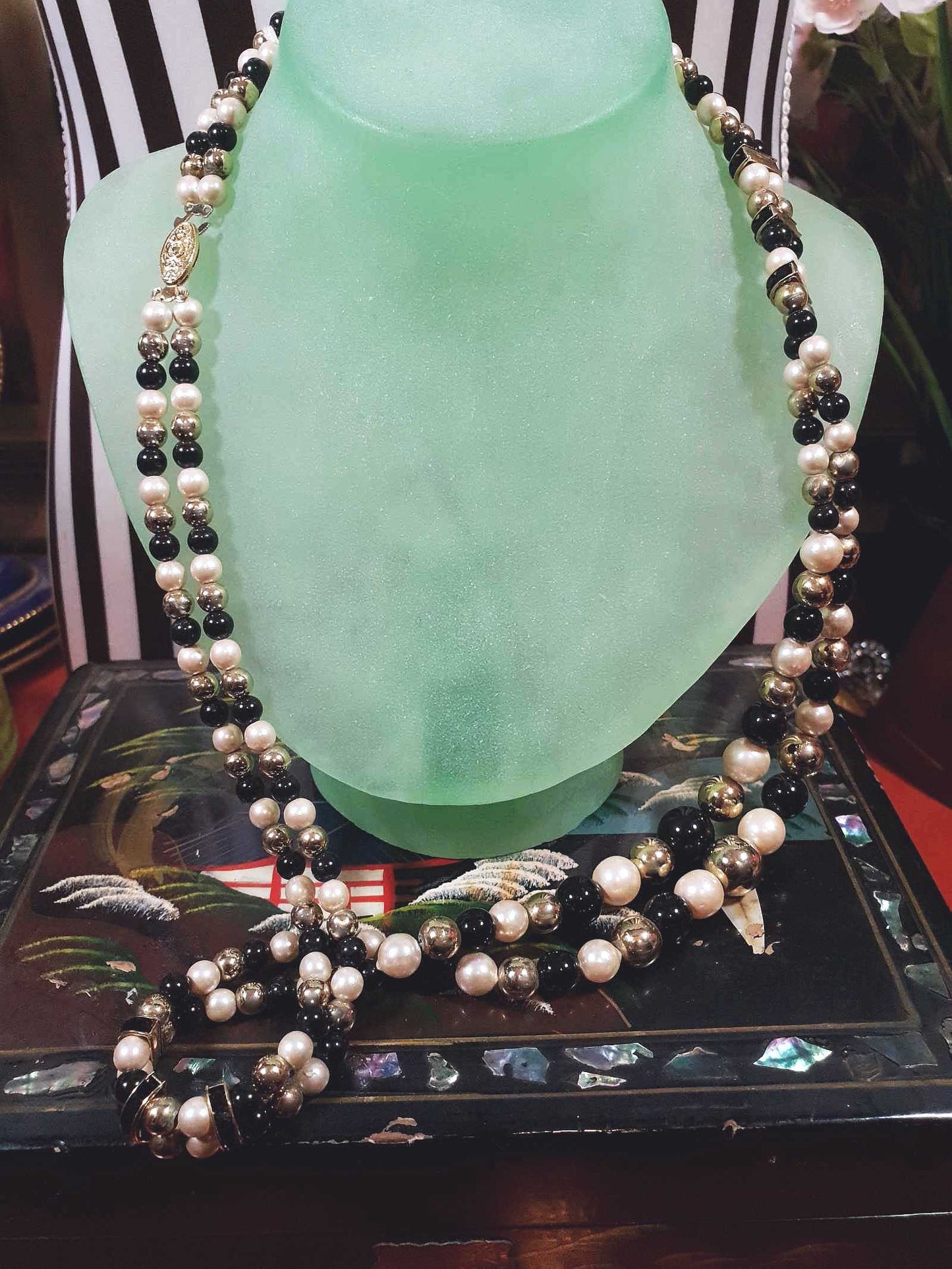 Vintage 1980s Faux Pearl Necklace 26" Black Cream Beaded Diamante Double Strand