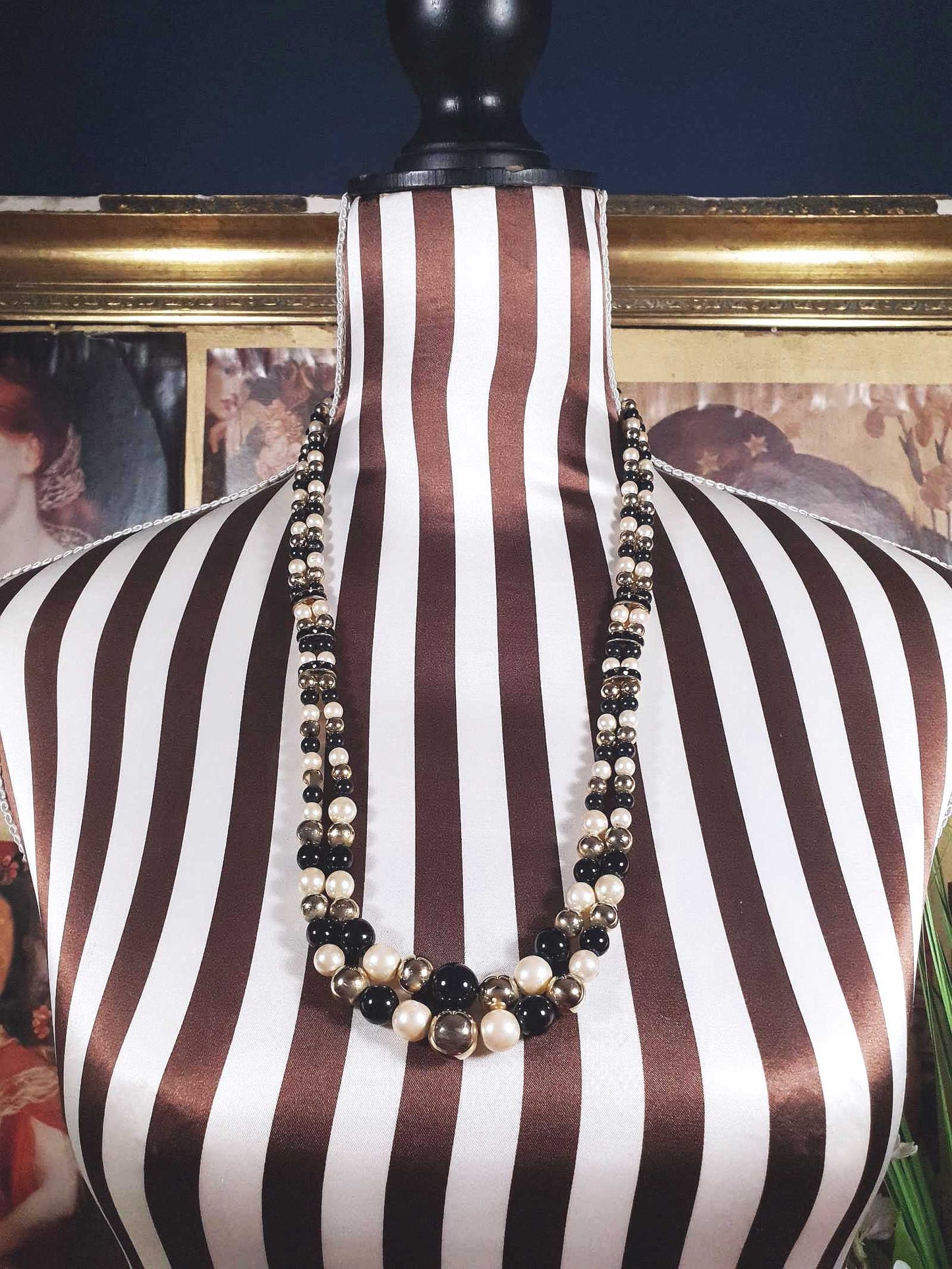 Vintage 1980s Faux Pearl Necklace 26" Black Cream Beaded Diamante Double Strand