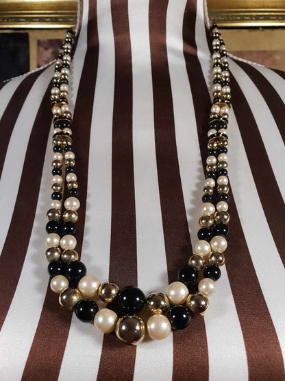 Vintage 1980s Faux Pearl Necklace 26" Black Gold Beaded Diamante Double Strand