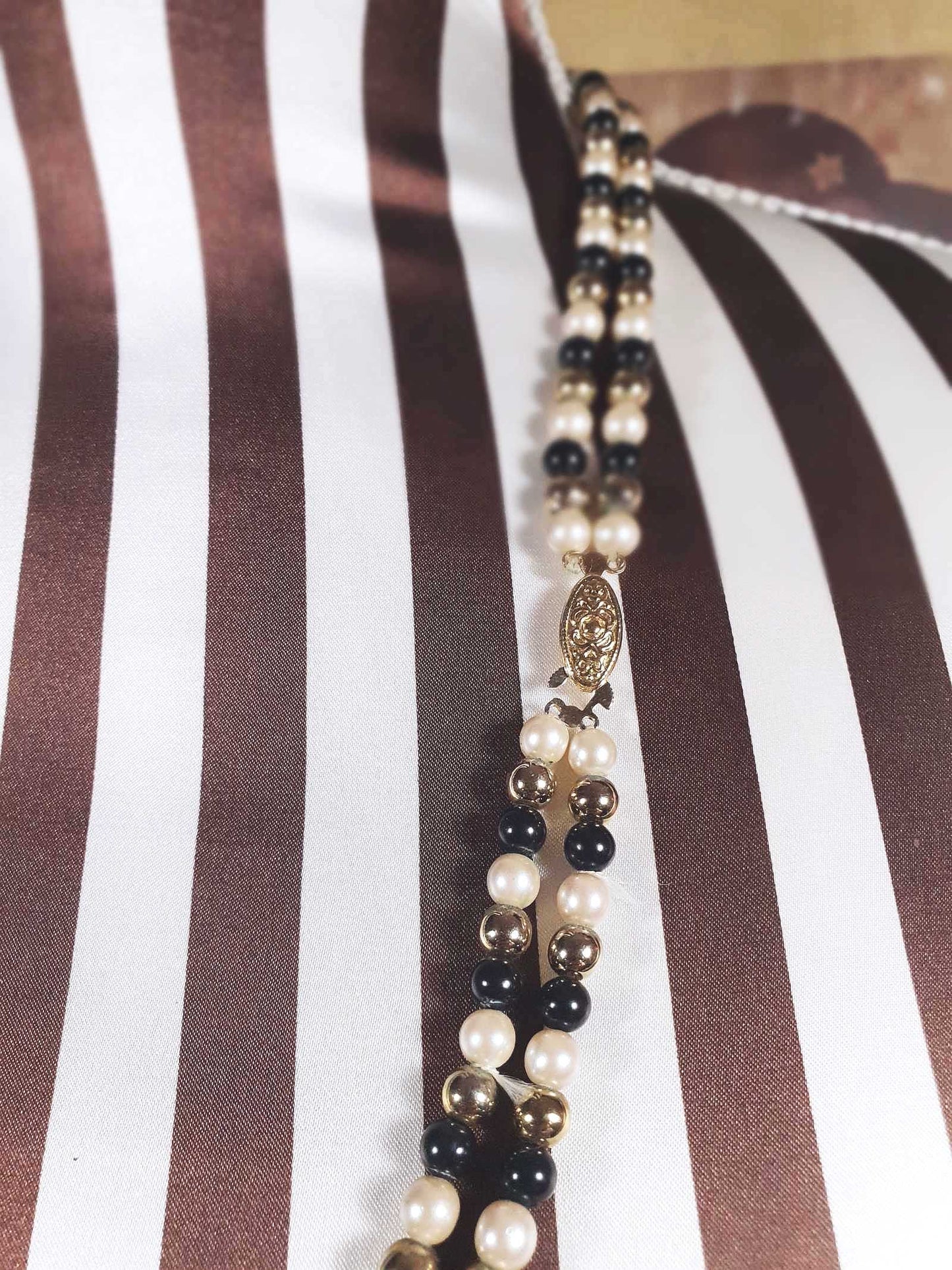 Vintage 1980s Faux Pearl Necklace 26" Black Cream Beaded Diamante Double Strand