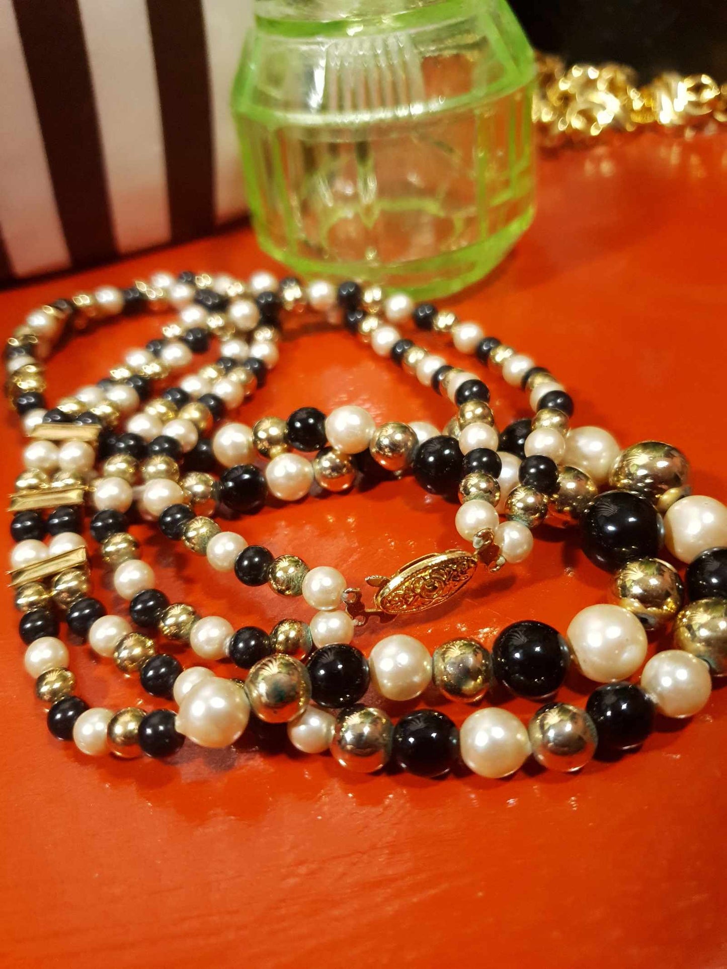 Vintage 1980s Faux Pearl Necklace 26" Black Gold Beaded Diamante Double Strand