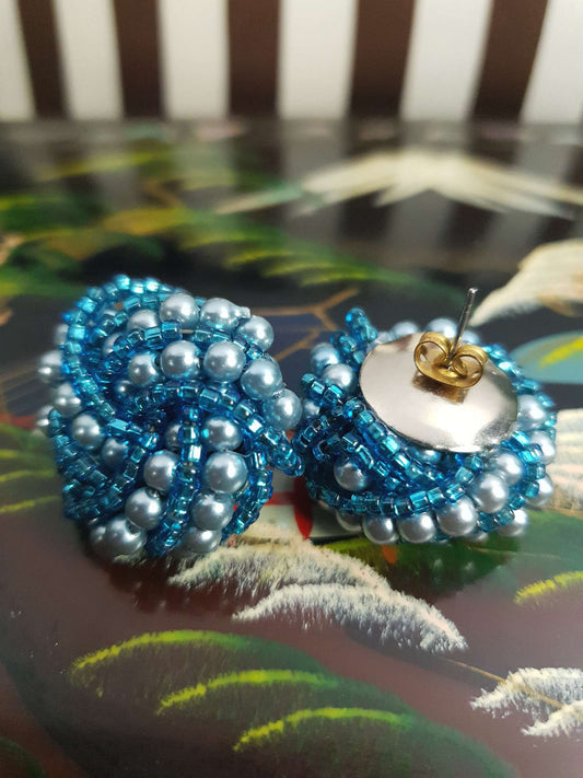 Vintage 1980s Blue Seed Bead Earrings Faux Pearls Swirl Knot