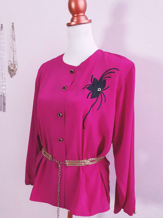 Vintage 1980s Cerise Pink Blouse Shirt Flower Applique Ladies Top Size 16