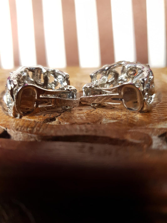 Vintage Hoop Art Earrings Clip-On 1980s Silver Tone Textured Retro