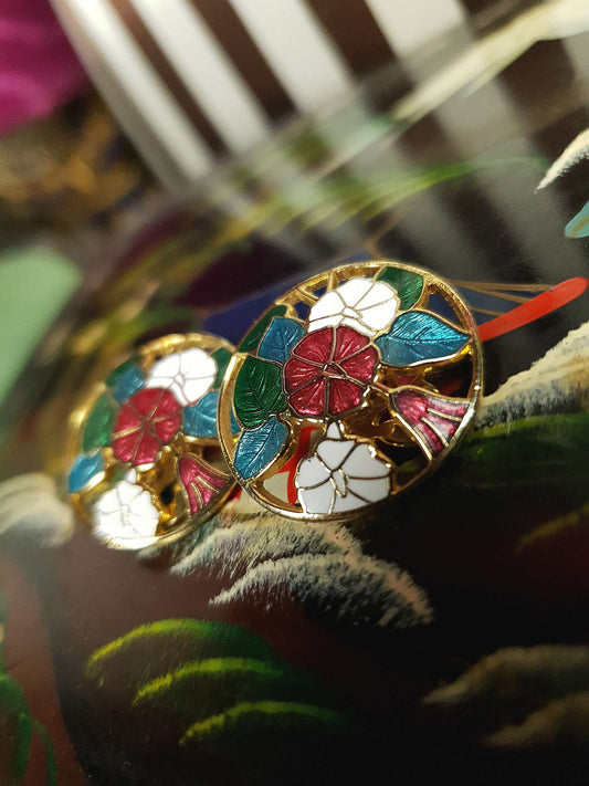 Vintage 1980s Cloisonne Floral Earrings Clip-On Flower Retro