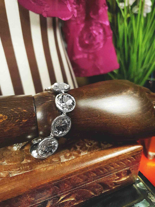 Vintage 1980s Chunky Rhinestone Bracelet Toggle Silver Tone