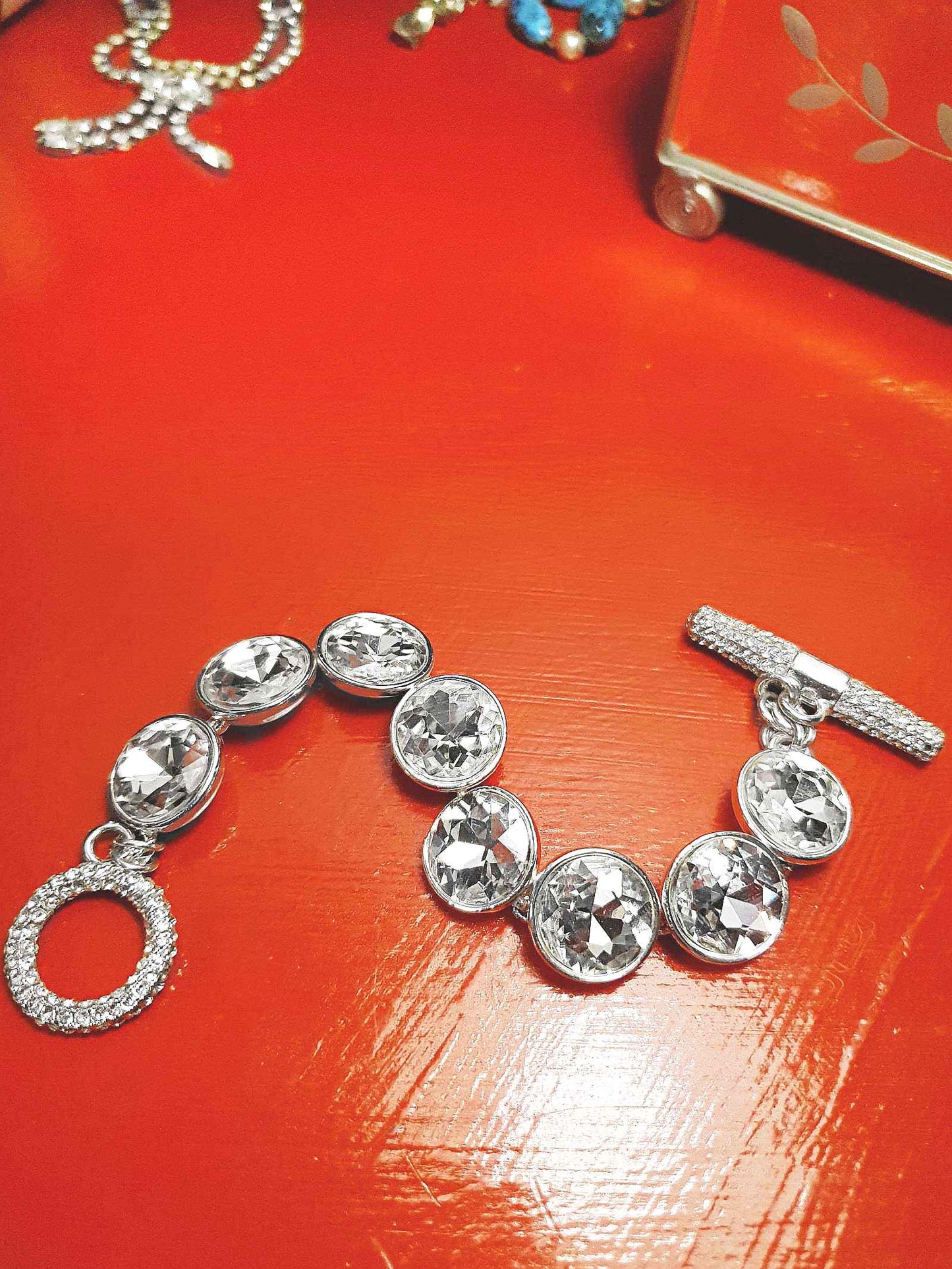 Vintage 1980s Chunky Rhinestone Bracelet Toggle Silver Tone