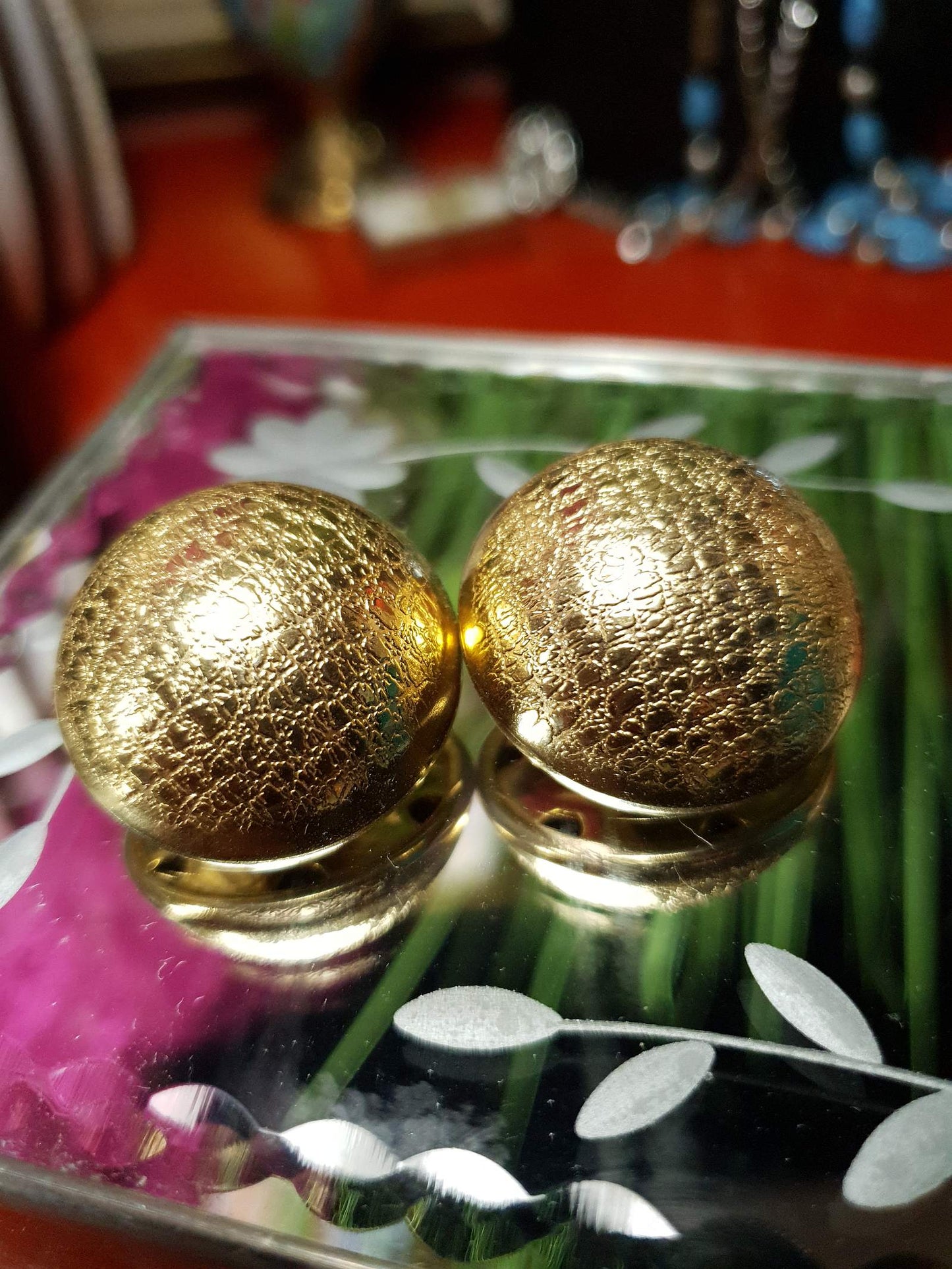 Vintage 1980s Dome Earrings Gold Tone Clip-On Textured Retro