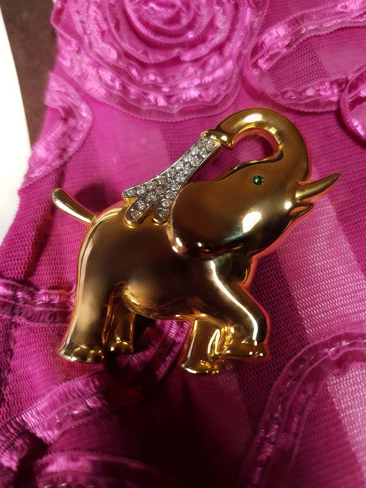 Vintage 1980s Elephant Brooch Cabouchon Gold Plated Austrian Crystal