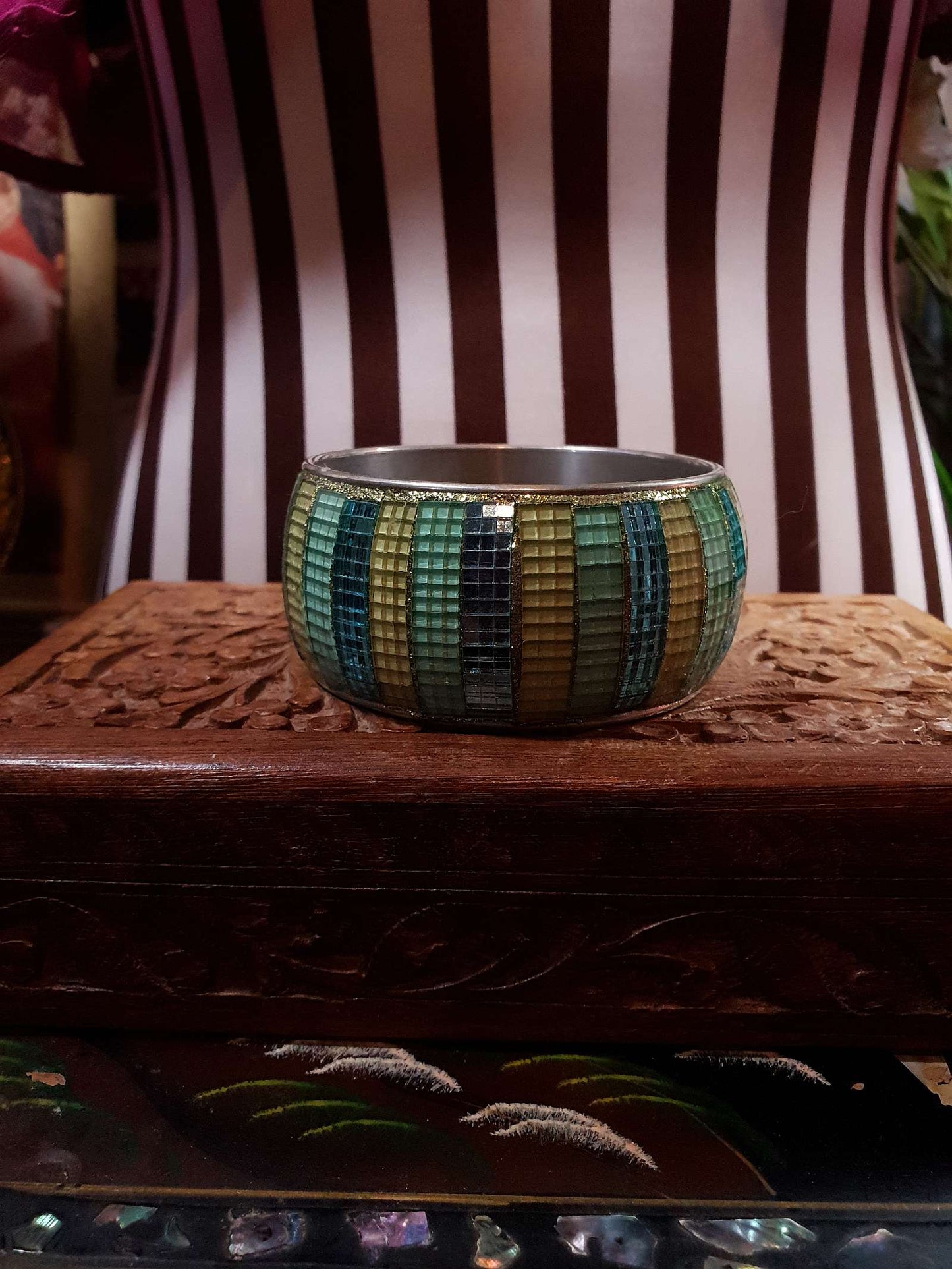 Vintage 1980s Glass Mosaic Bangle Blue Yellow Bracelet