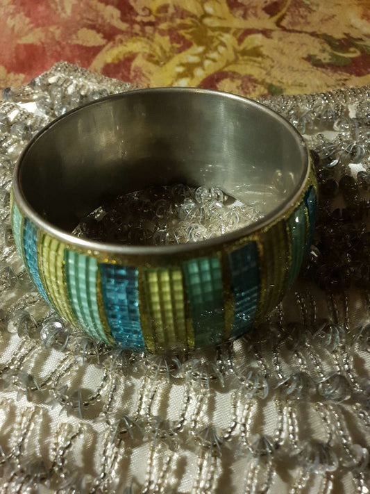 Vintage 1980s Glass Mosaic Bangle Blue Yellow Bracelet