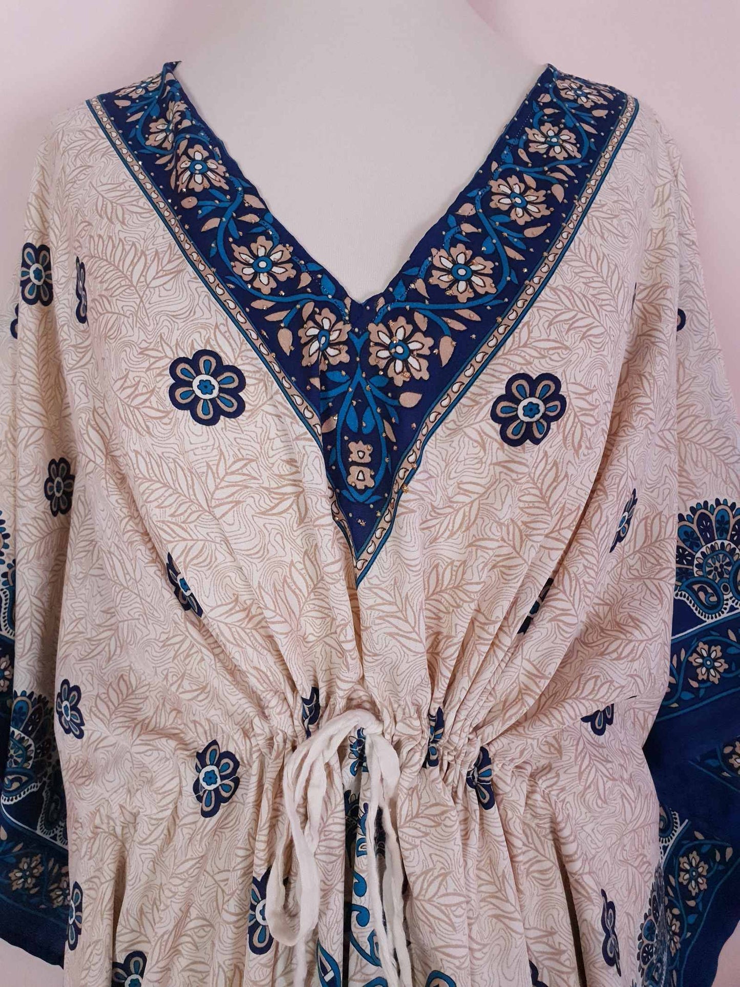 Vintage Blue Floral Boho Kaftan 1980s Bohemian Caftan Maxi Long