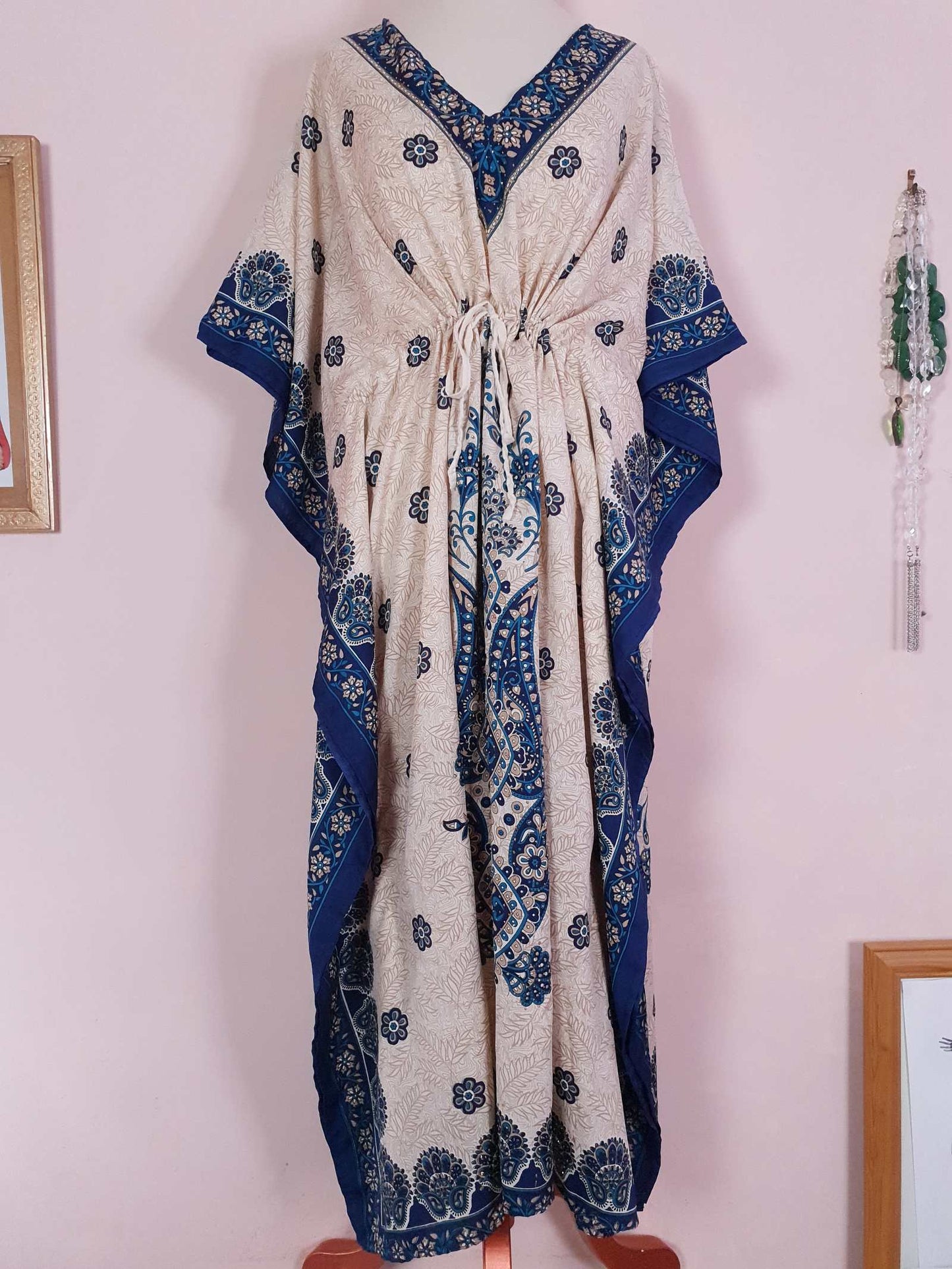 Vintage Blue Floral Boho Kaftan 1980s Bohemian Caftan Maxi Long