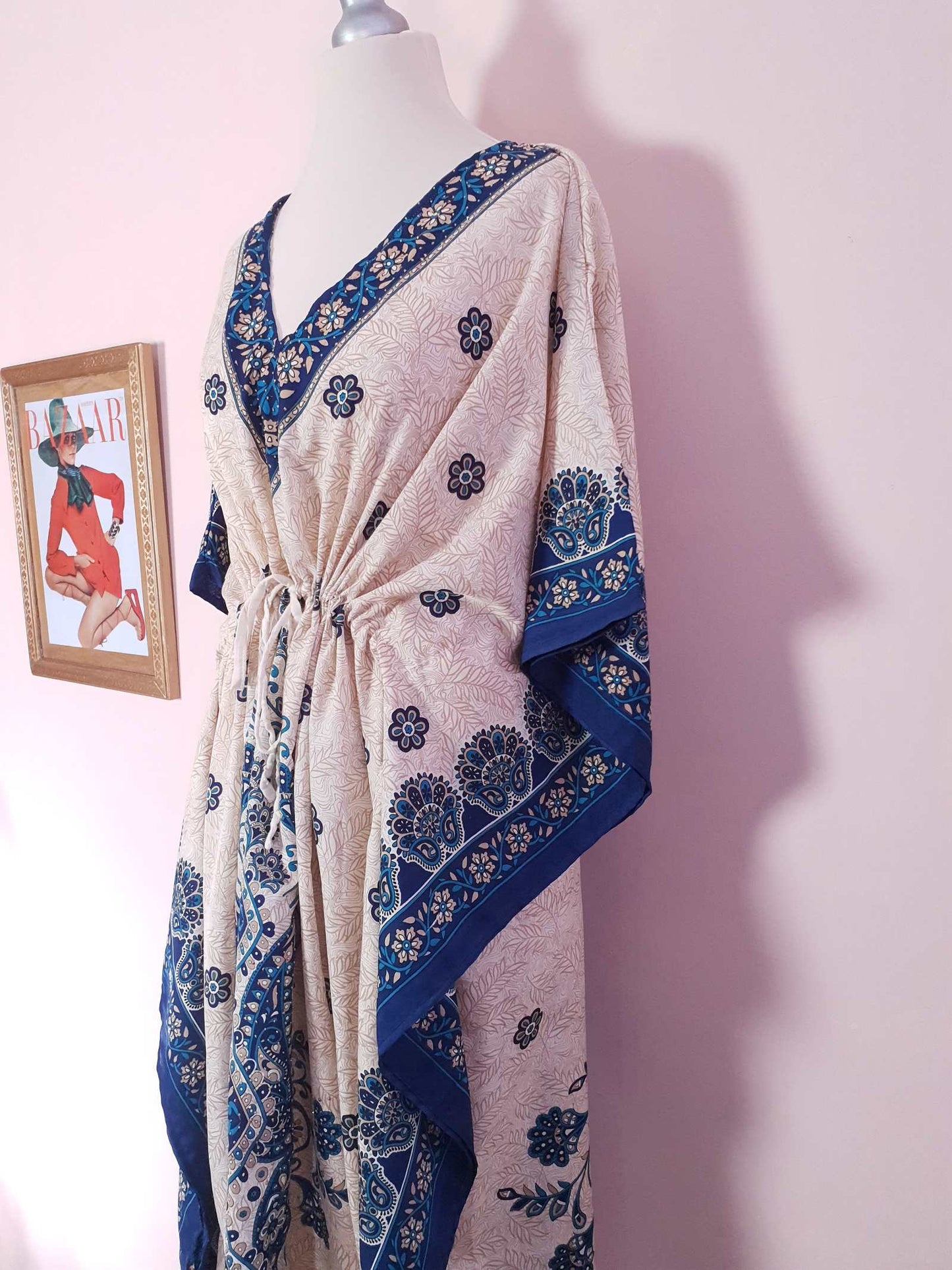 Vintage Blue Floral Boho Kaftan 1980s Bohemian Caftan Maxi Long