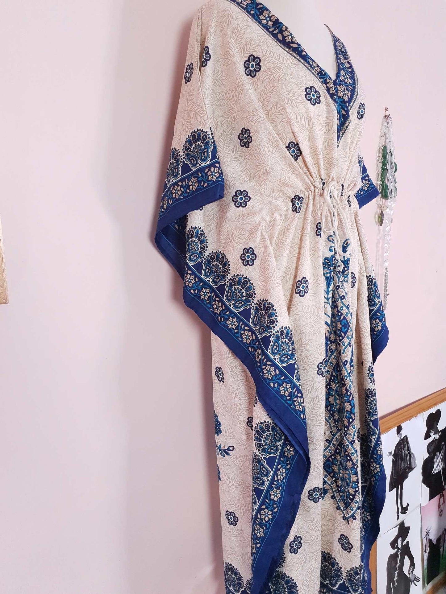 Vintage Blue Floral Boho Kaftan 1980s Bohemian Caftan Maxi Long