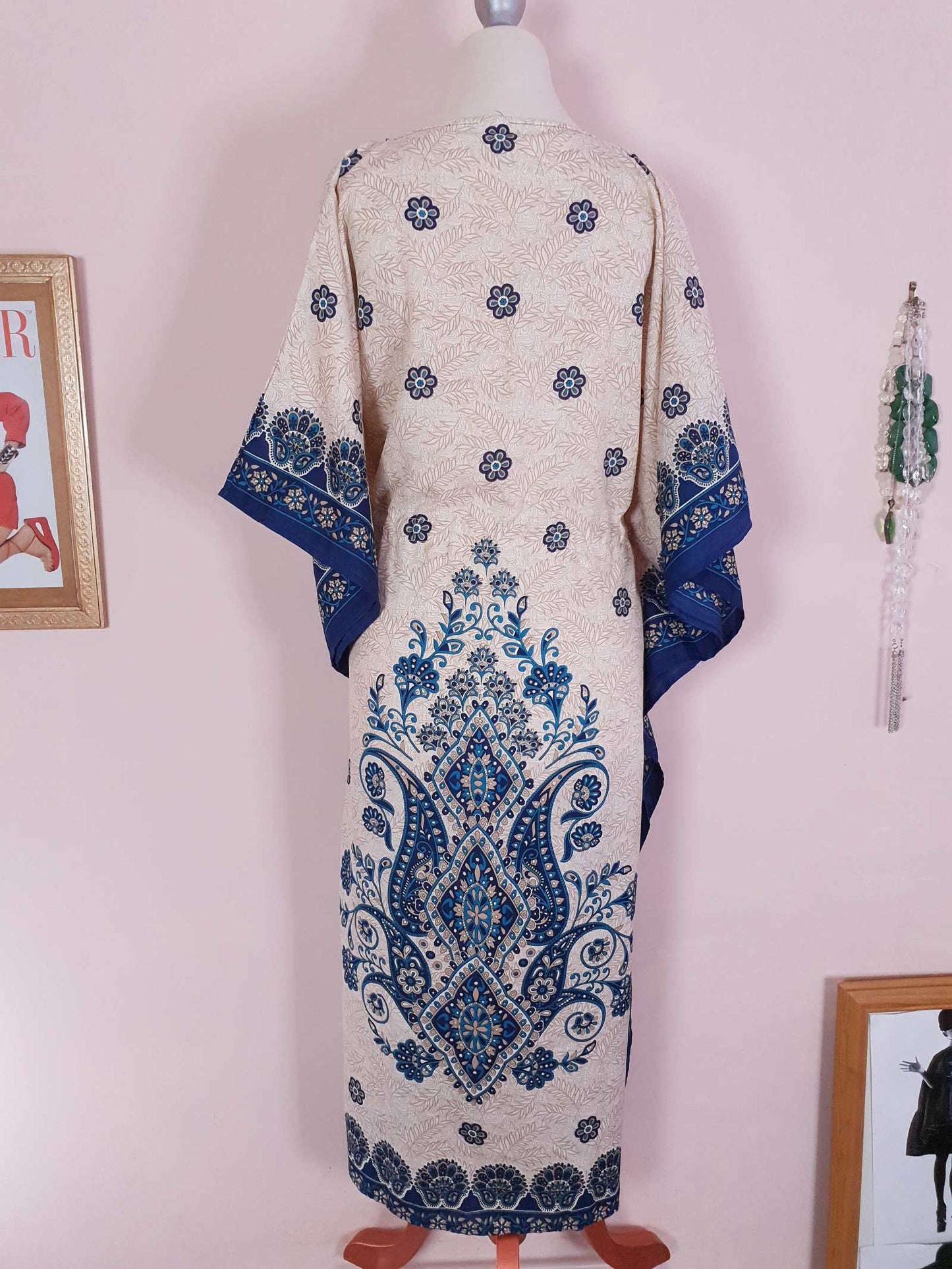 Vintage Blue Floral Boho Kaftan 1980s Bohemian Caftan Maxi Long