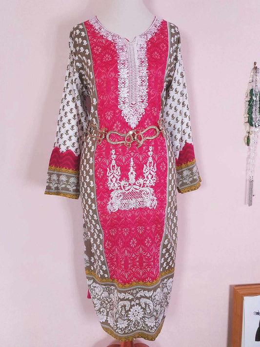 Vintage Boho Cotton Pink Green Kaftan 1980s Bohemian Women's Caftan - Size 18