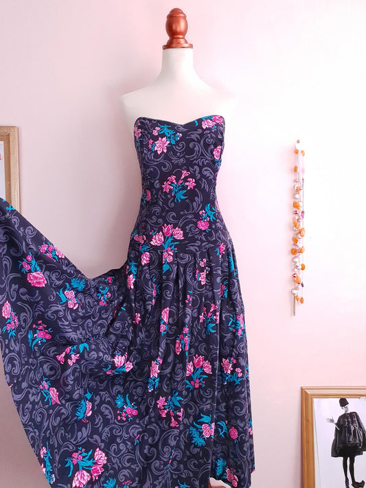 English Classics - Vintage 1980s Laura Ashley Floral Strapless Party Dress - Size 12/14