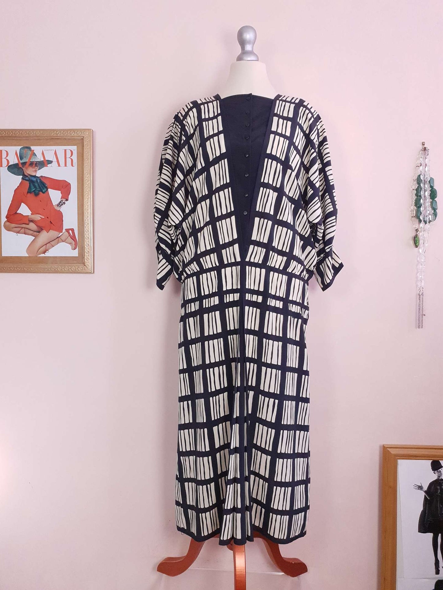 Vintage 1980s Maggy London Dress Black White Geometric Print Retro - Size 12