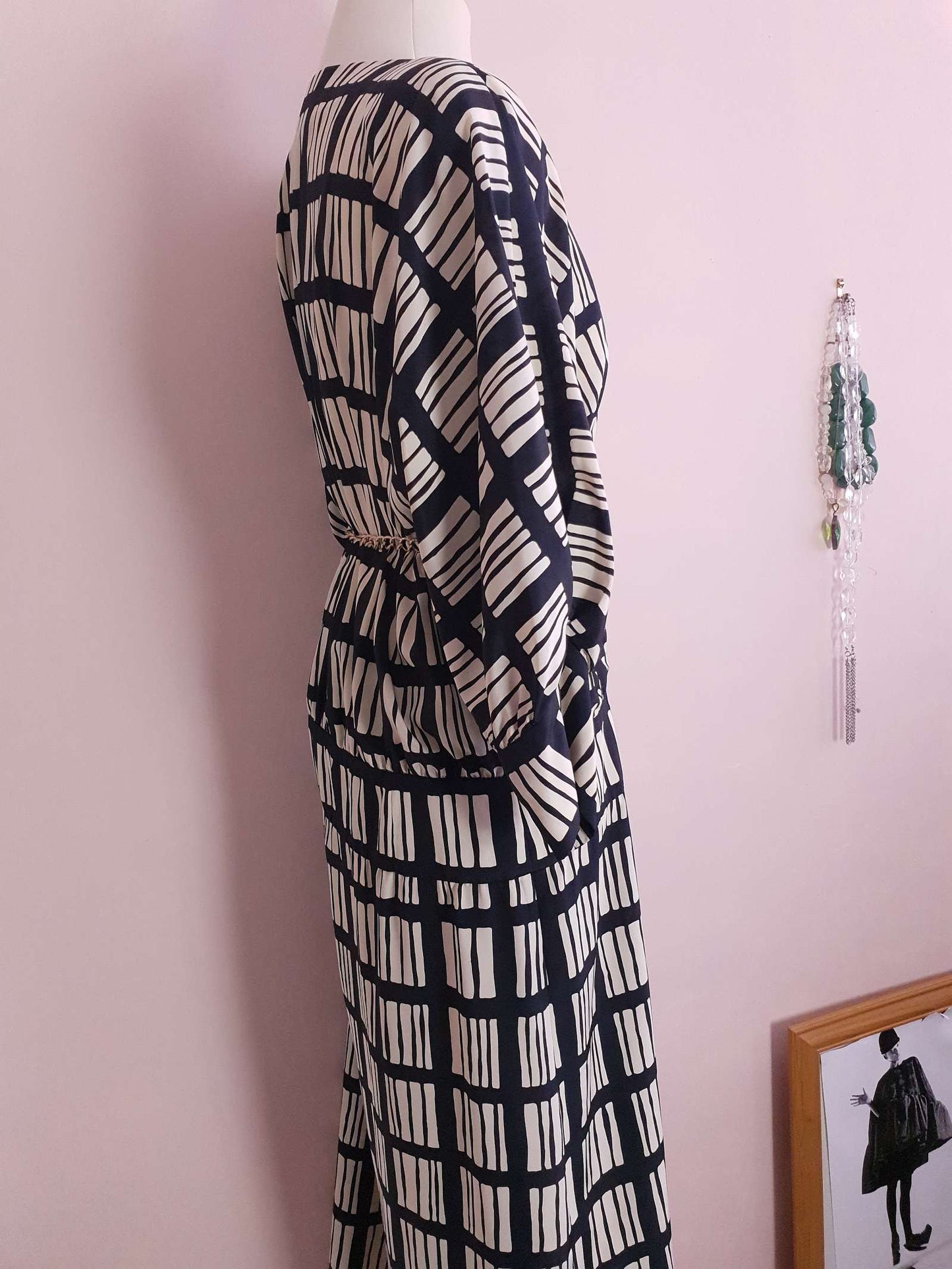 Vintage 1980s Maggy London Dress Black White Geometric Print Retro - Size 12