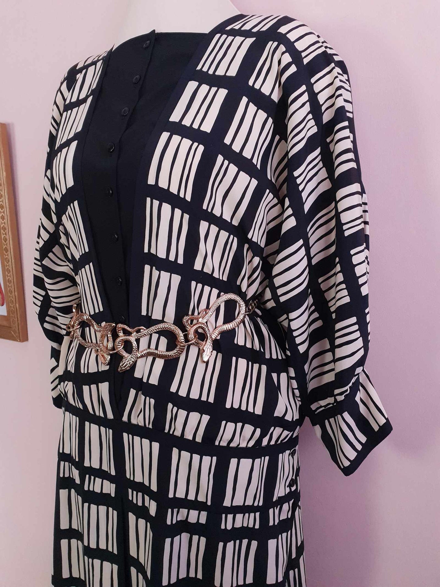 Vintage 1980s Maggy London Dress Black White Geometric Print Retro - Size 12