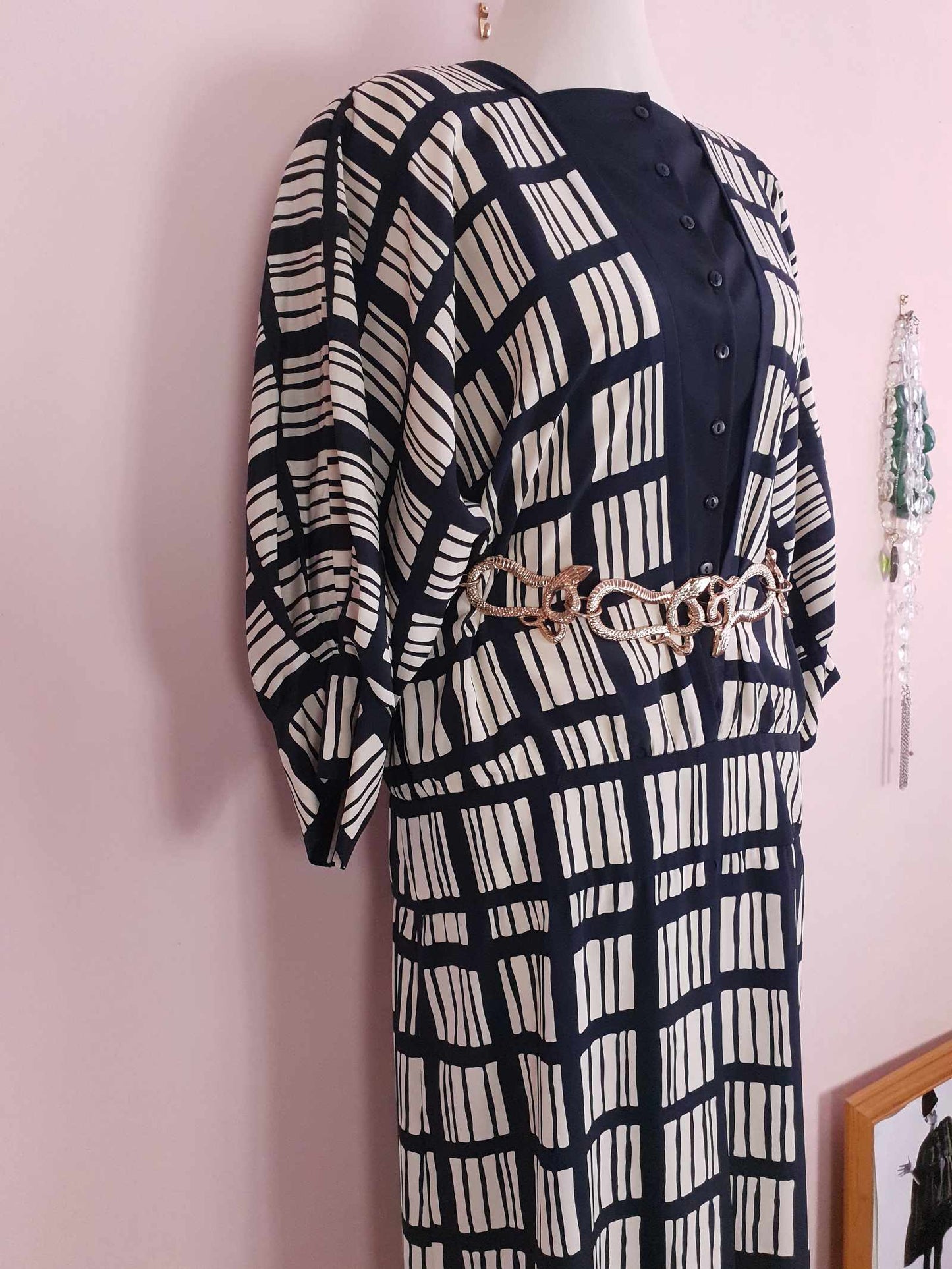 Vintage 1980s Maggy London Dress Black White Geometric Print Retro - Size 12