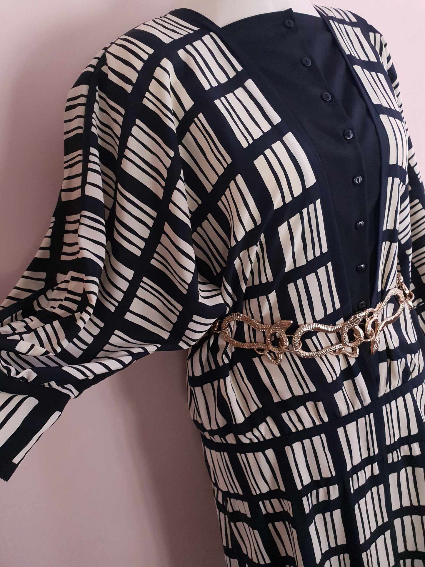 Vintage 1980s Maggy London Dress Black White Geometric Print Retro - Size 12