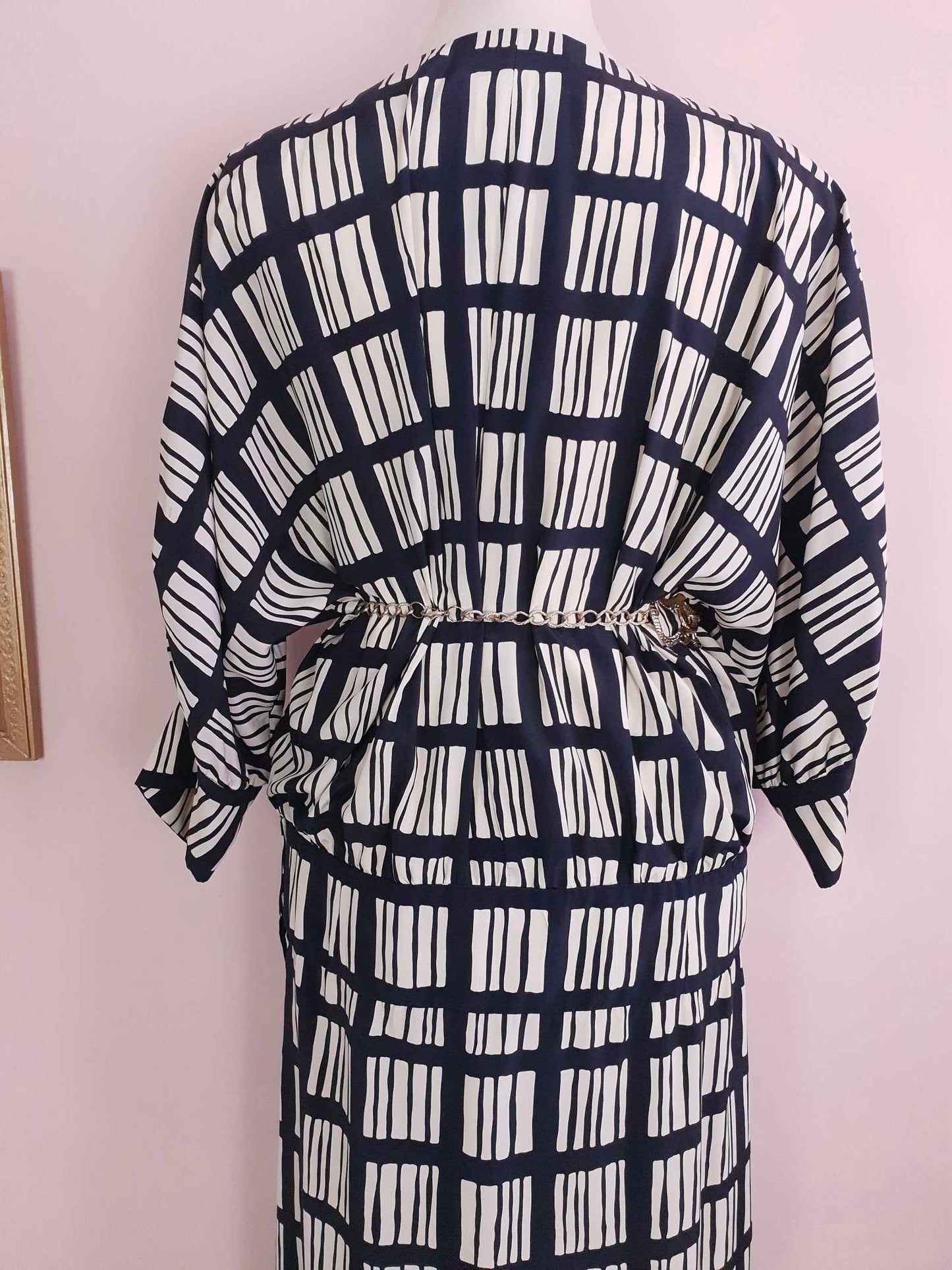 Vintage 1980s Maggy London Dress Black White Geometric Print Retro - Size 12