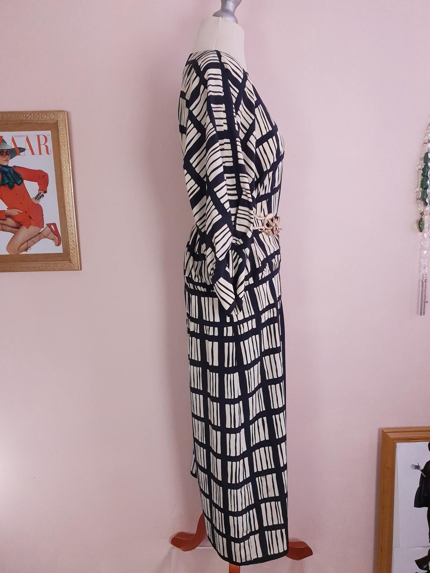 Vintage 1980s Maggy London Dress Black White Geometric Print Retro - Size 12