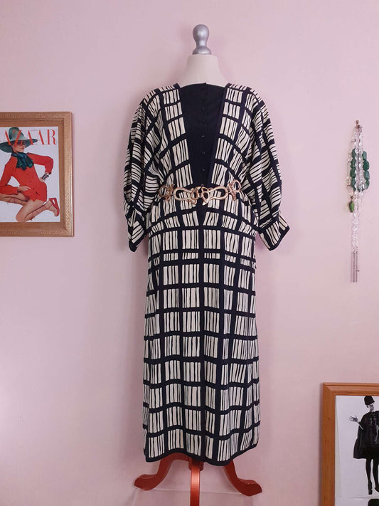 Vintage 1980s Maggy London Dress Black White Geometric Print Retro - Size 12