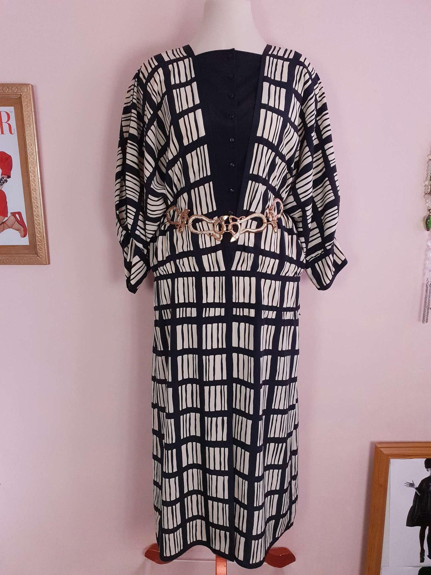 Vintage 1980s Maggy London Dress Black White Geometric Print Retro - Size 12