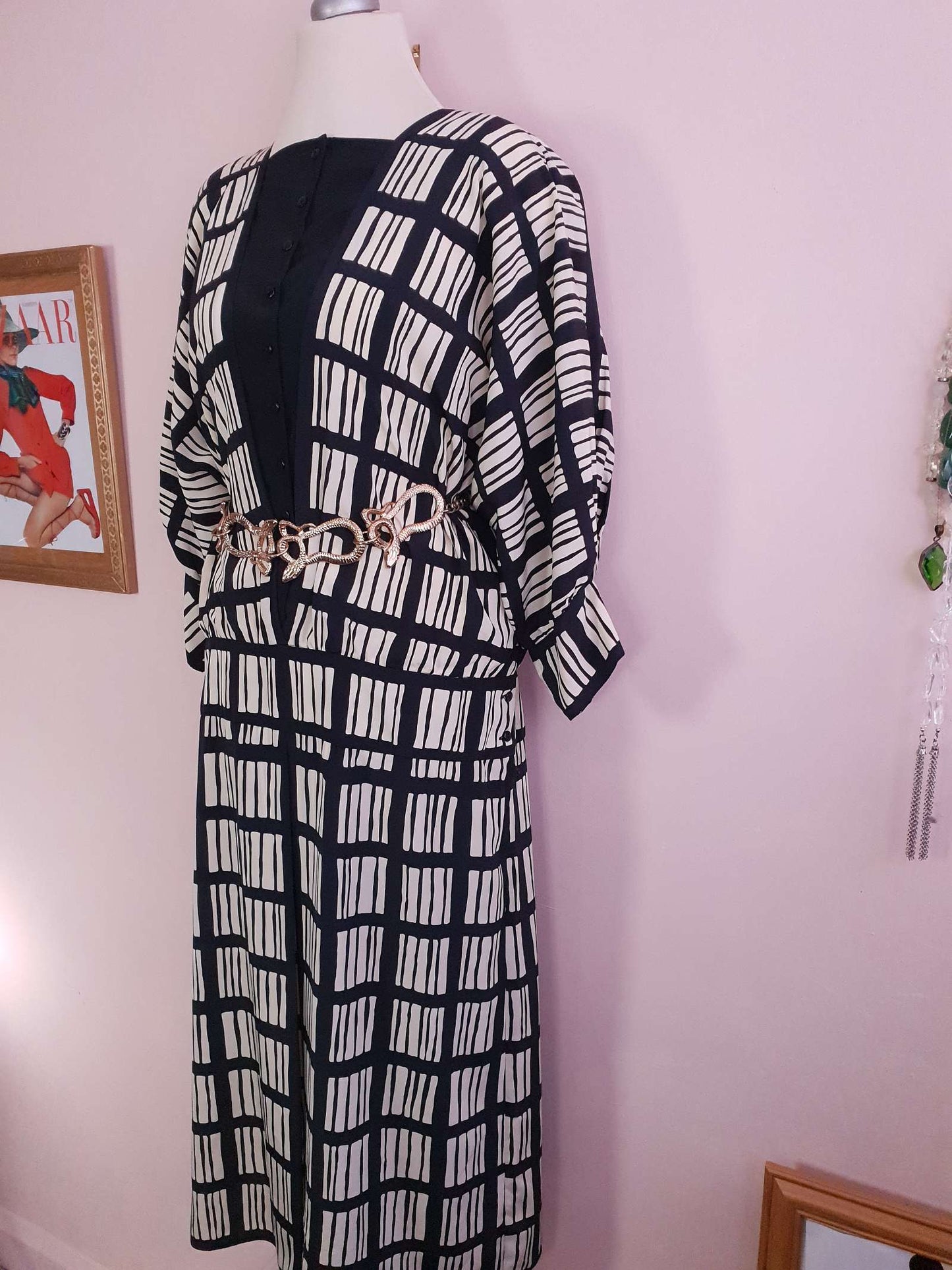 Vintage 1980s Maggy London Dress Black White Geometric Print Retro - Size 12