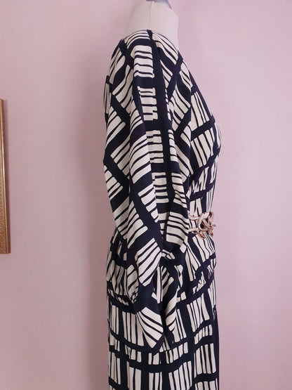 Vintage 1980s Maggy London Dress Black White Geometric Print Retro - Size 12
