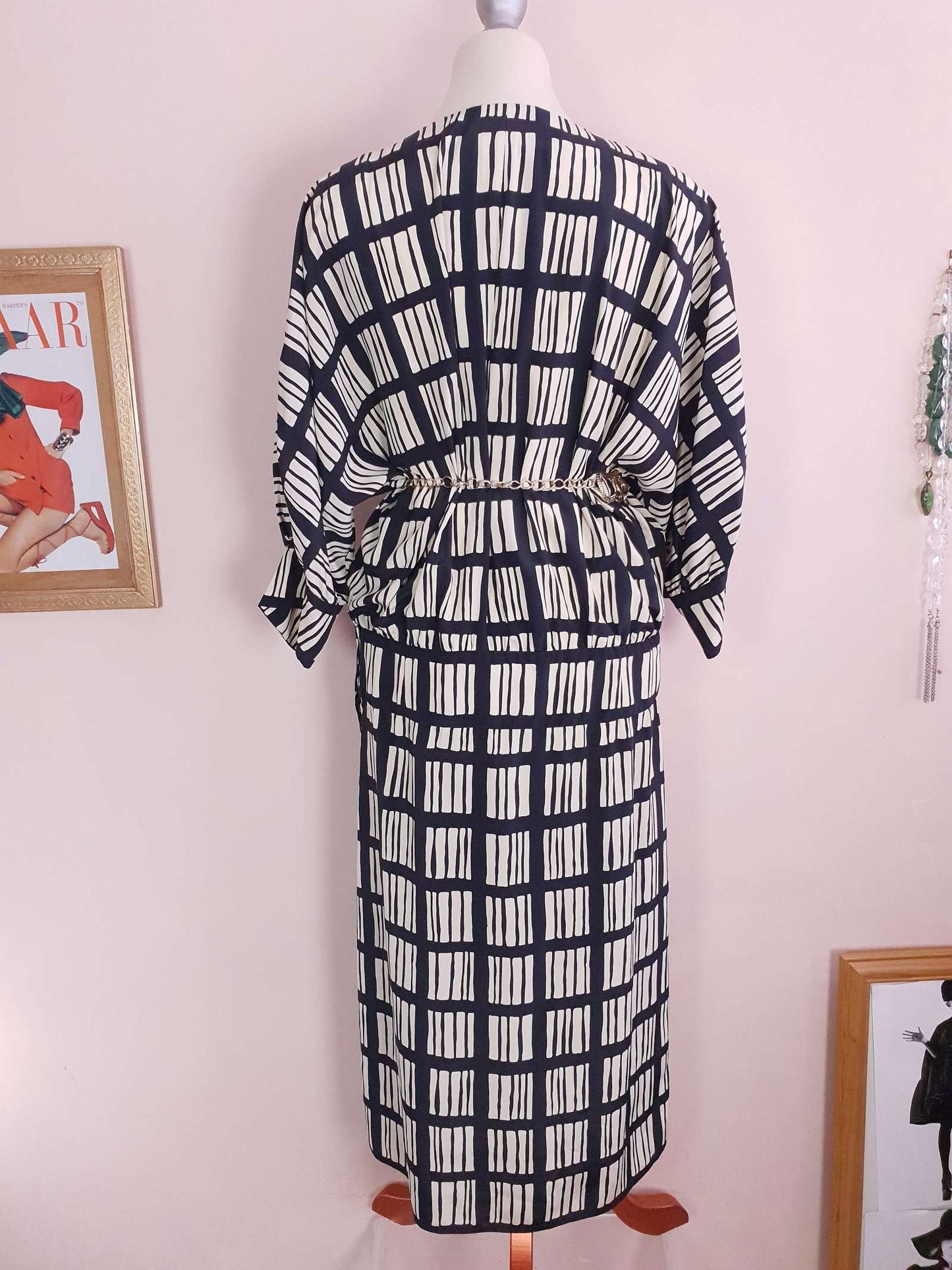 Vintage 1980s Maggy London Dress Black White Geometric Print Retro - Size 12